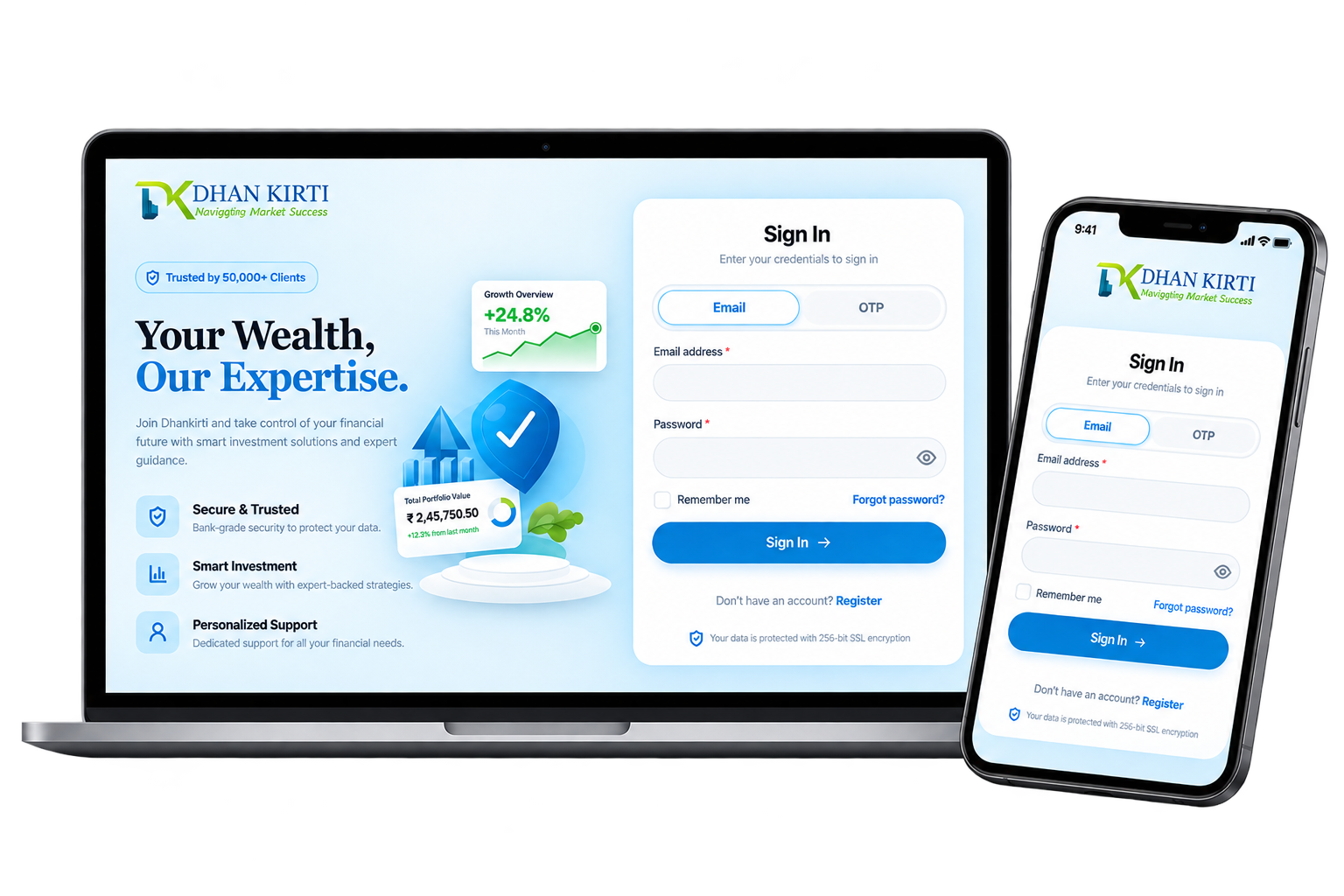 Dhankirti platform sign in on laptop and mobile